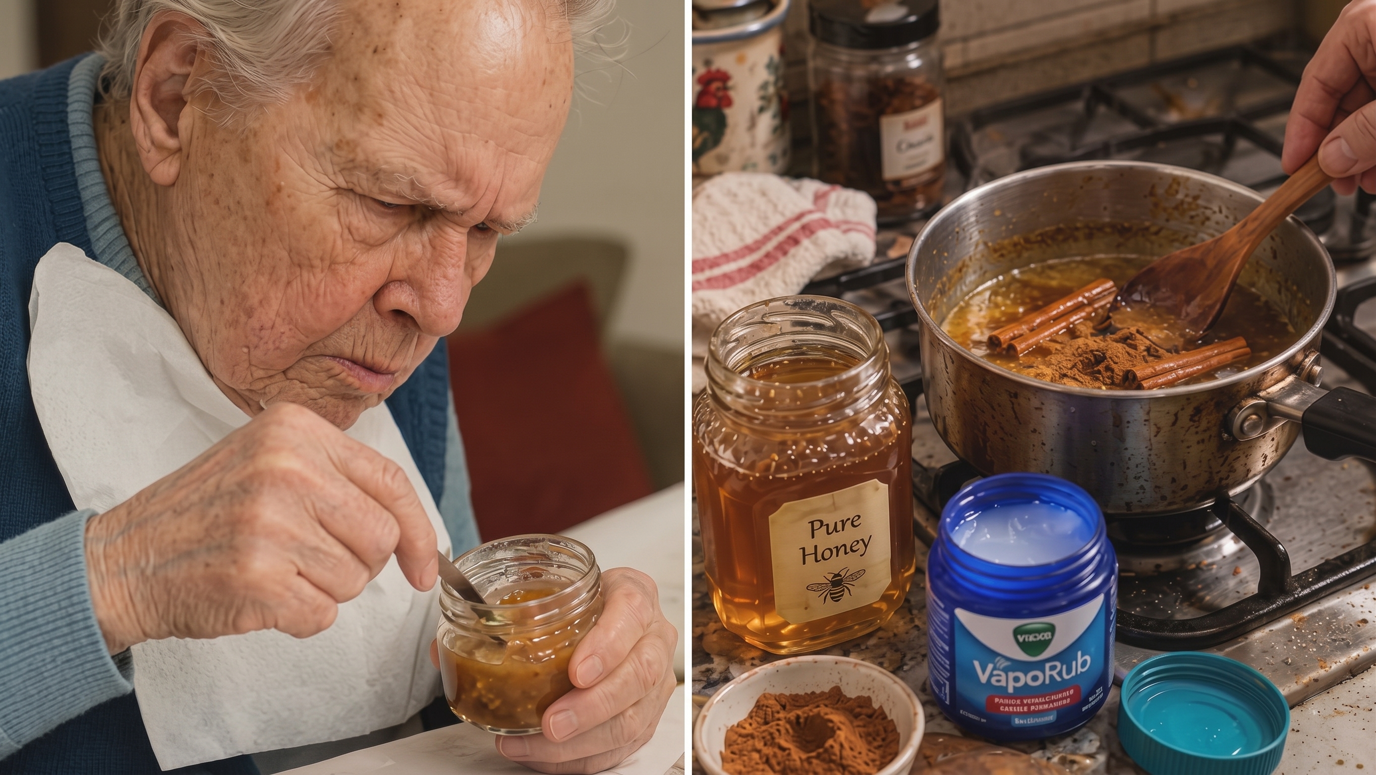 A smiling older man sitting in a cozy armchair in his living room, holding a blue jar of Vick VapoRub